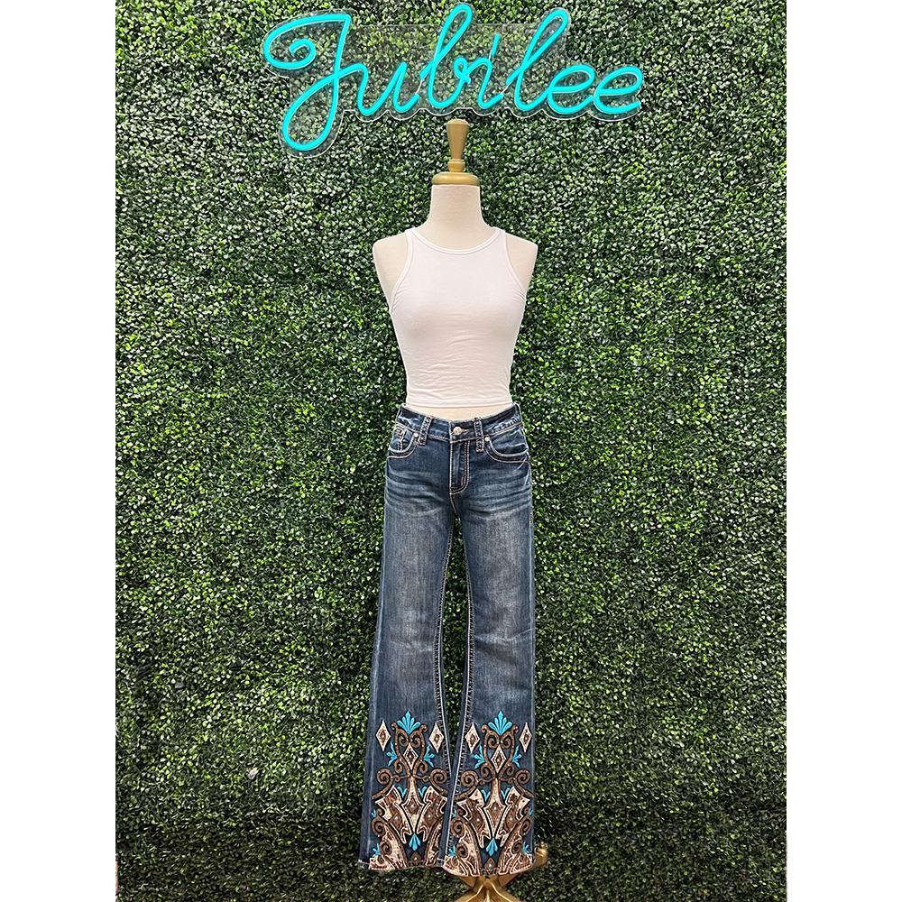 Aztec Turquoise & Brown Embroidered Mid Rise Flare Jeans