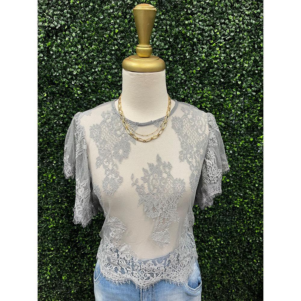 Giselle Grey Flutter Sleeve Cropped Lace Top