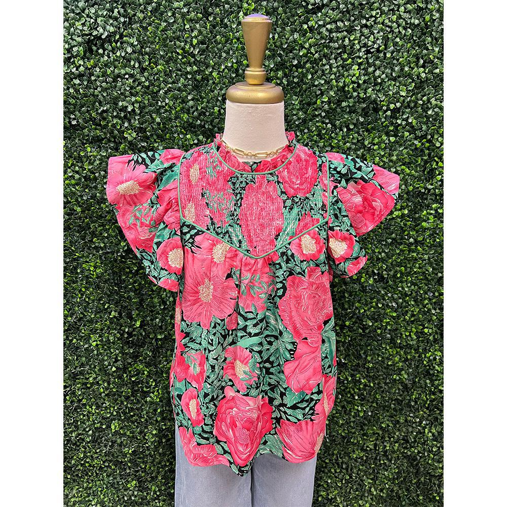 Grace Smocked Neck Blouse With Ruffled Sleeves
