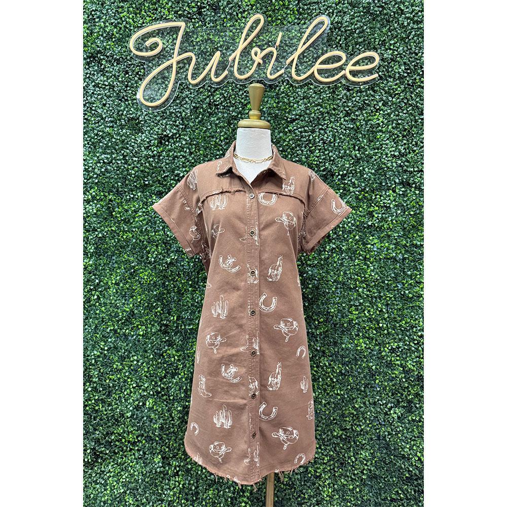Coffee Western Print Dress