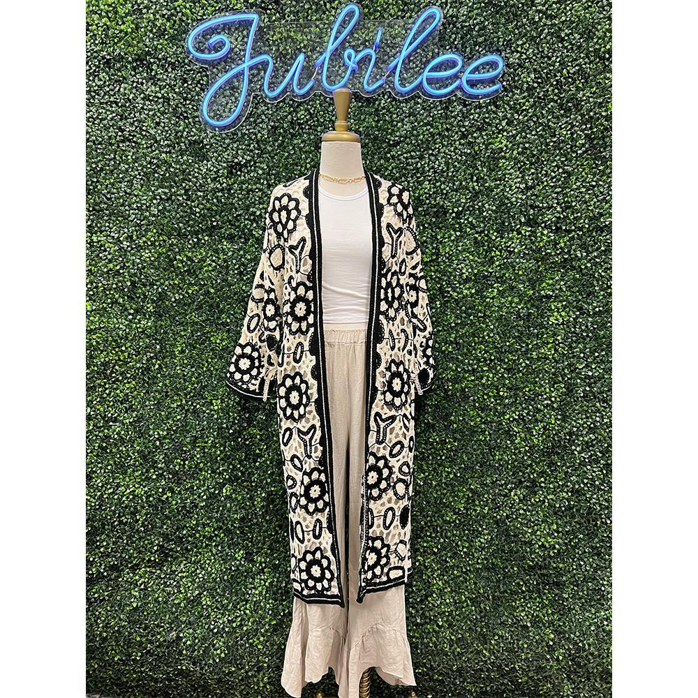 Iris Black Cream Crochet Kimono