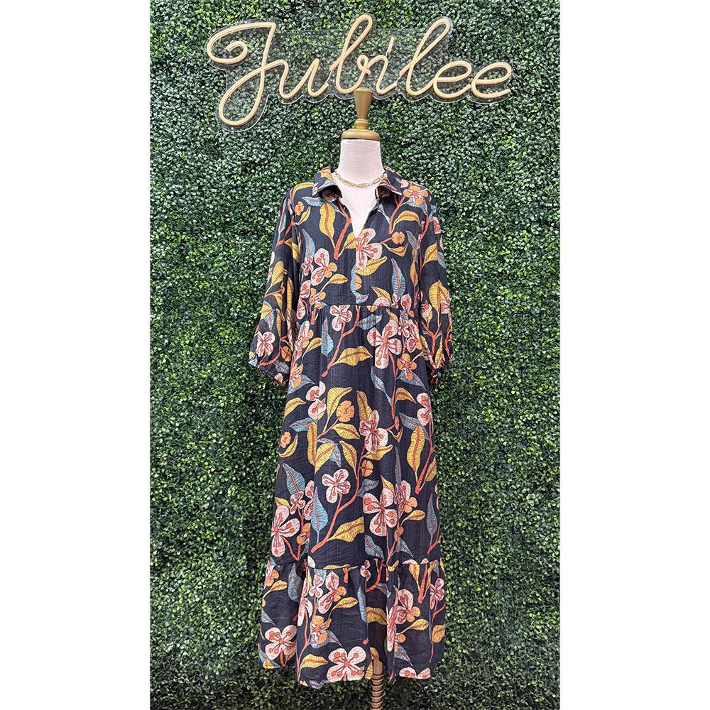 Polly Black Floral Tiered Midi Dress