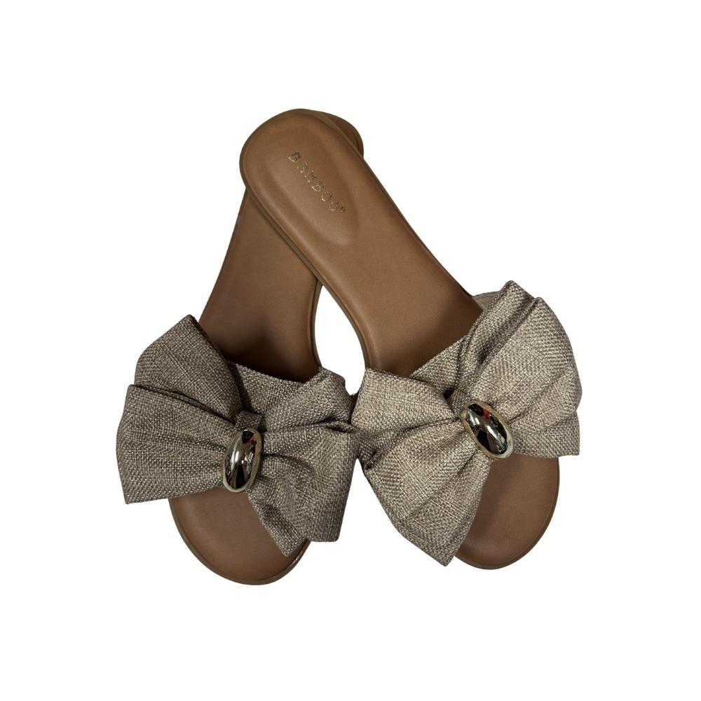 Athena Beige Linen Bow Slides