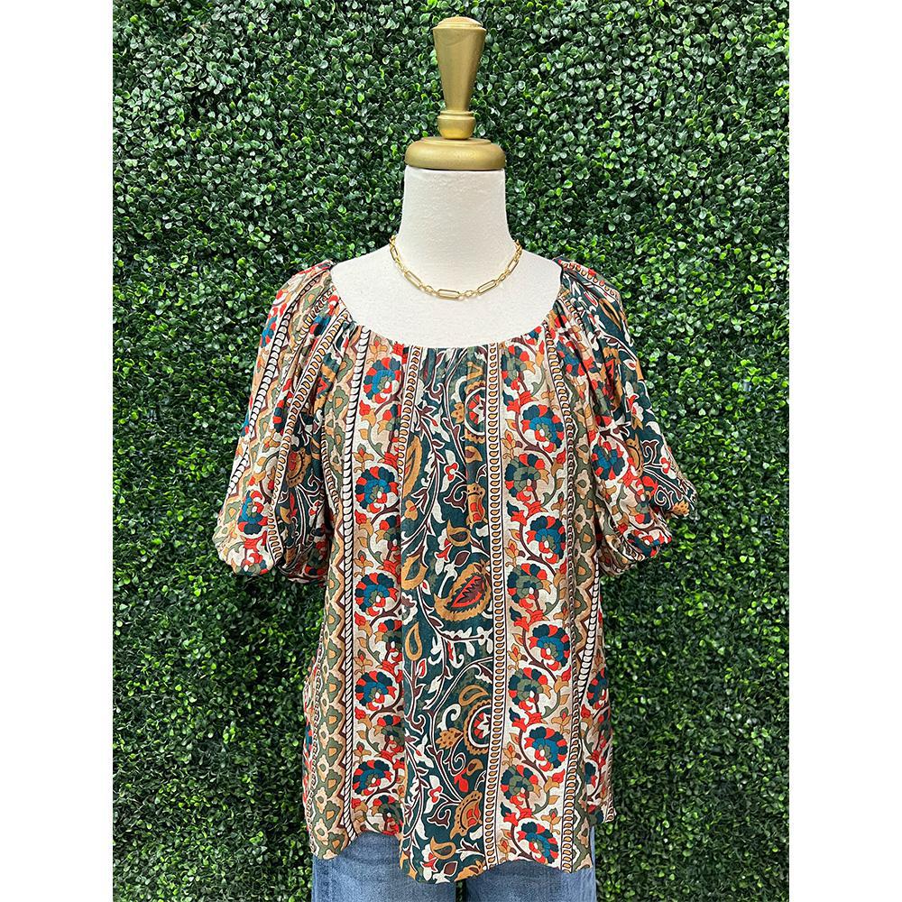 Shanna Boho Floral Stripe Puff Sleeve Blouse