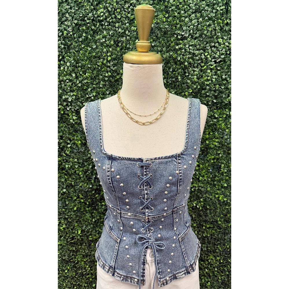 Alura Denim Studded Lace Up Top