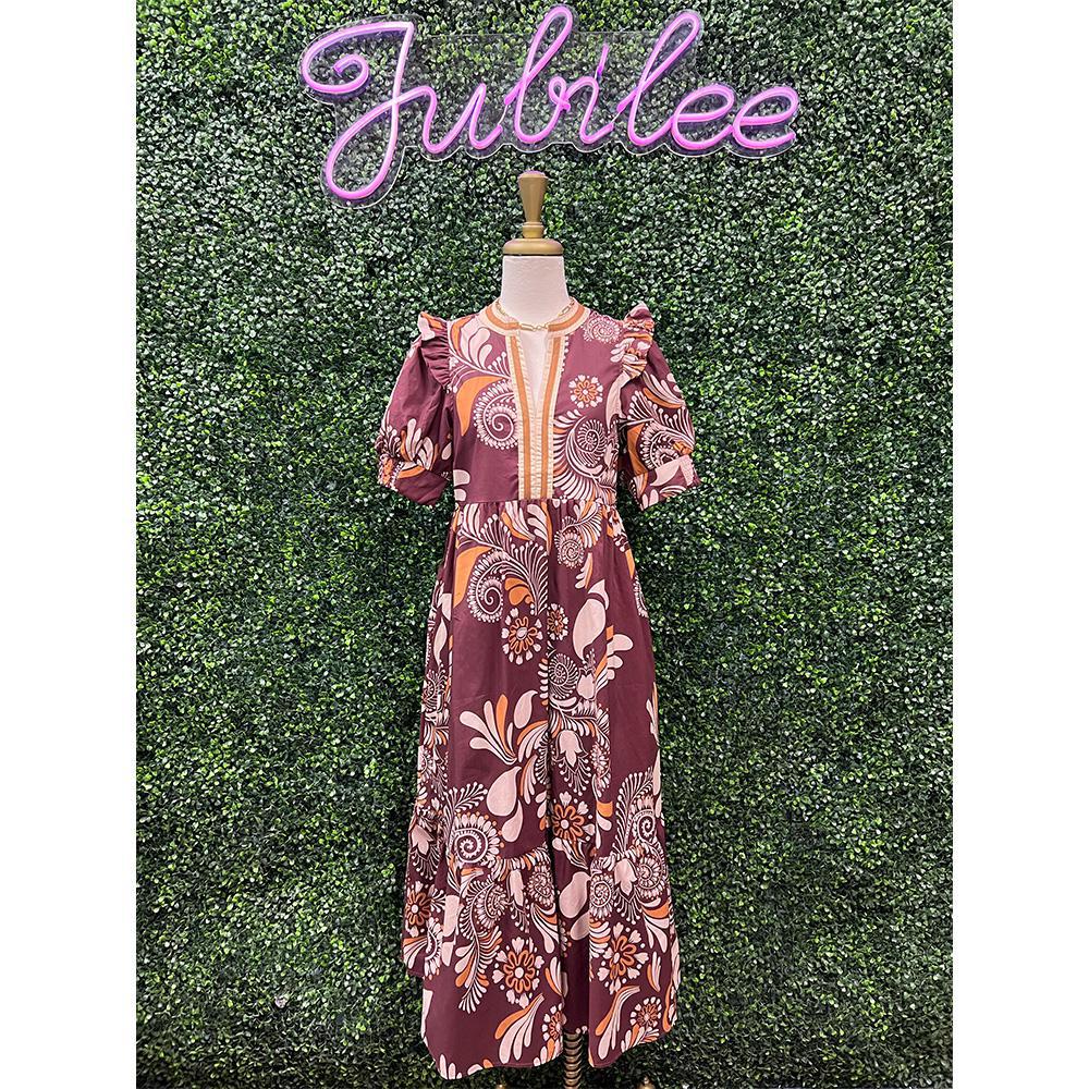 Calantha Brown Paisley Pattern Midi Dress