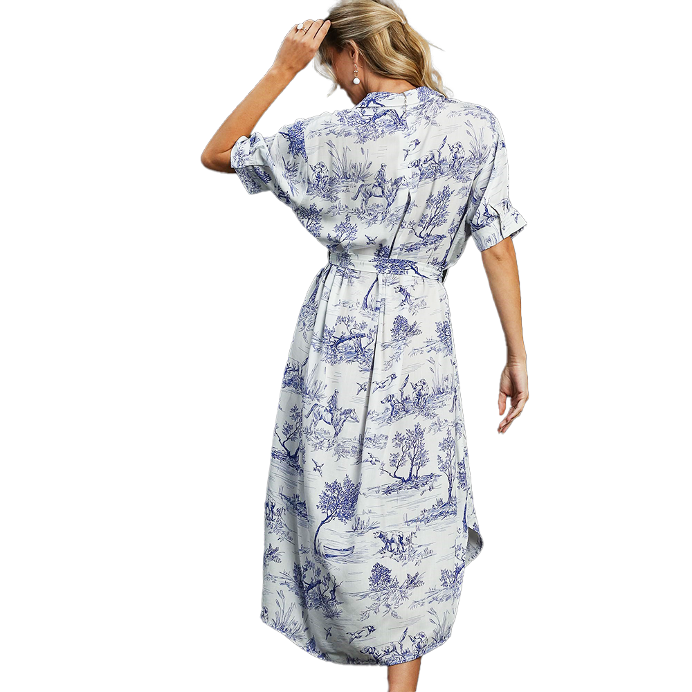 Blue & White Toile Print Midi Dress