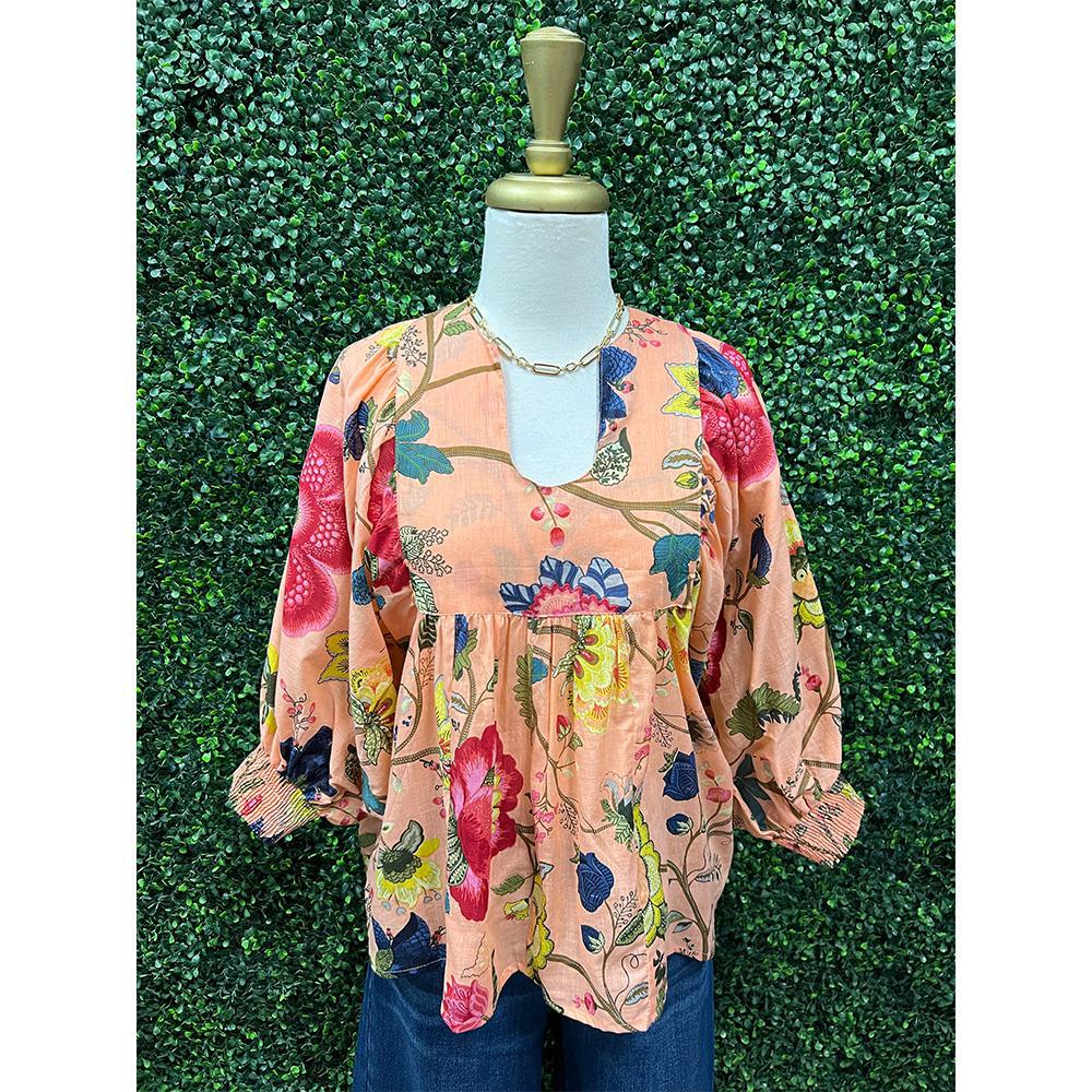 Anjou Persimmon Floral Cotton Gauze Top