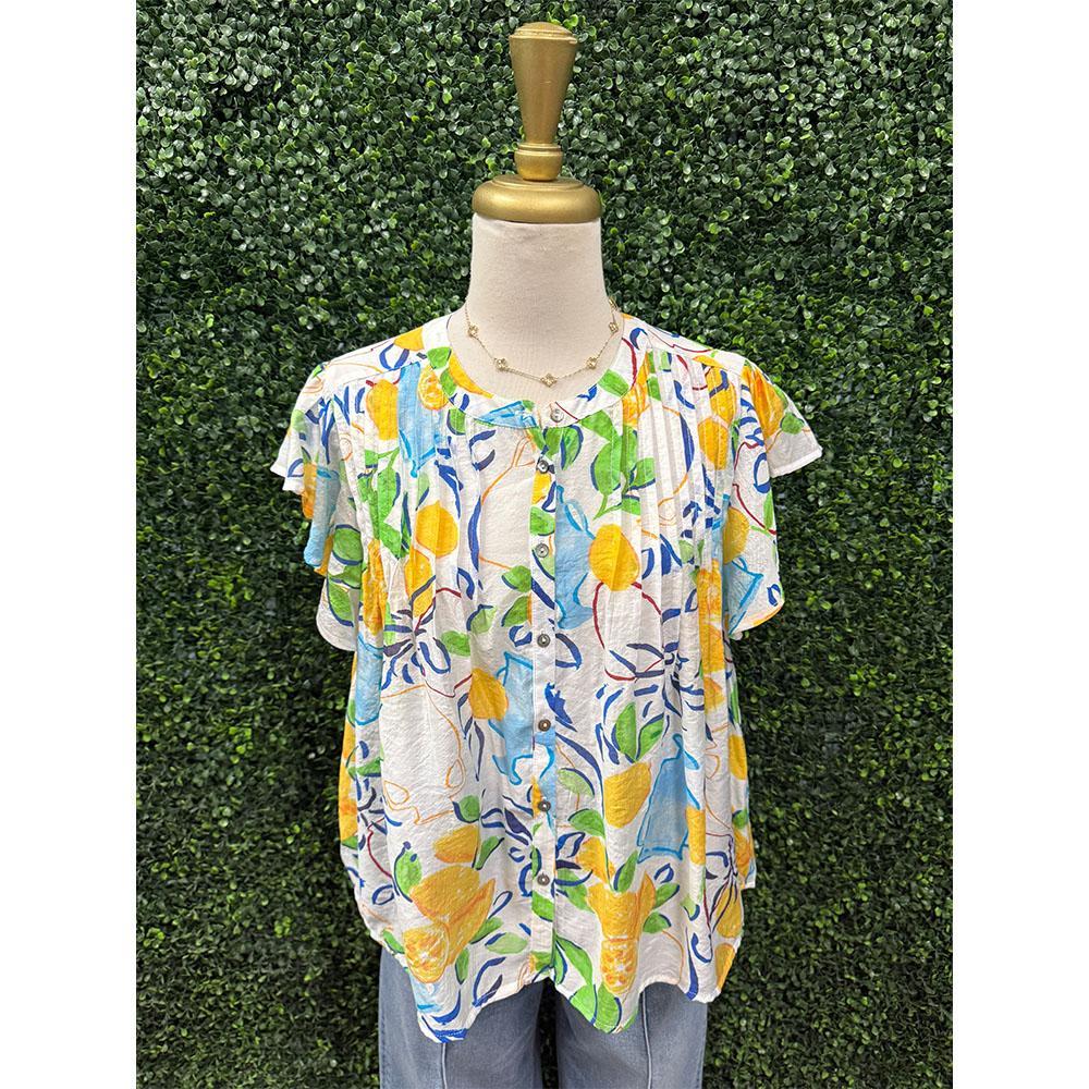 Selena Fruit Printed Ruffle Short Sleeve Pleated Blouse