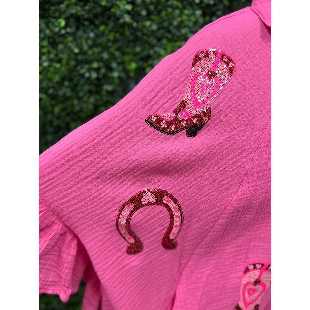 Pink Boots & Horseshoe Sequin Top