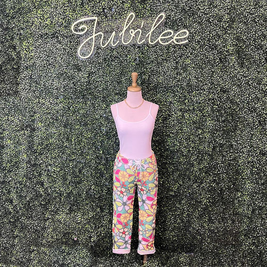 Flower Printed Cotton Woven Joggers