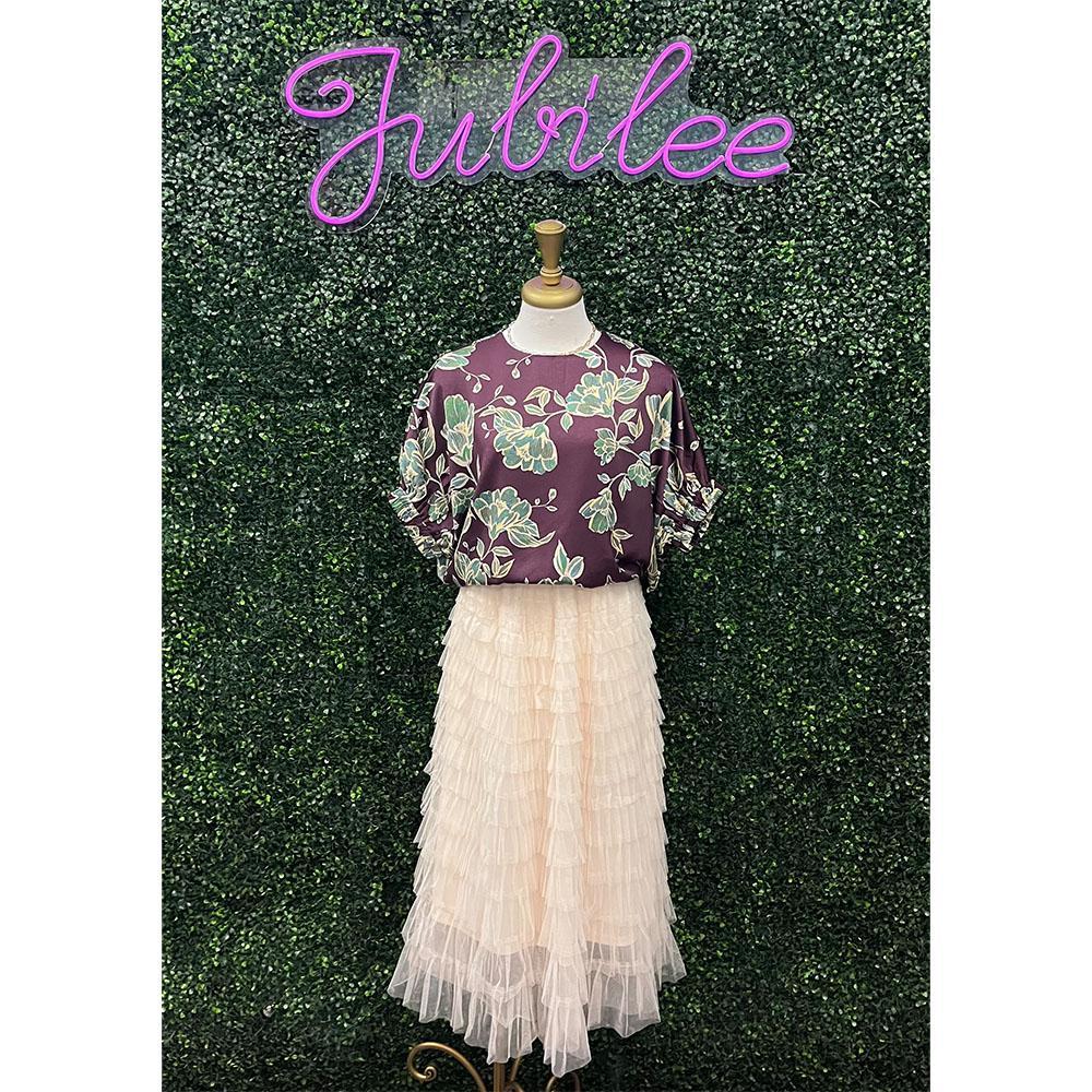 Beige Tiered Long Mesh Skirt