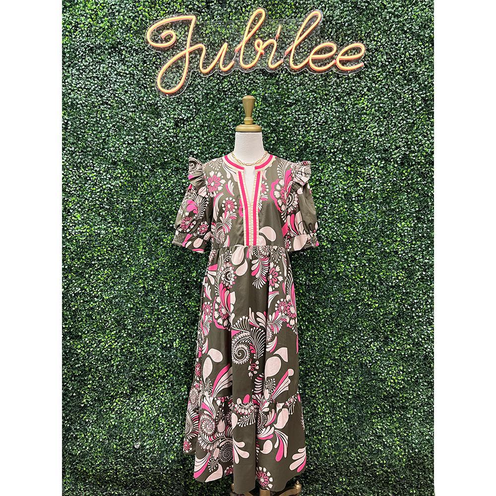 Calantha Olive Paisley Pattern Midi Dress