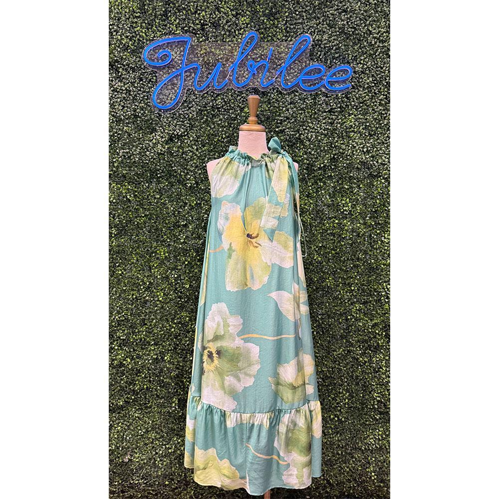Sage Ruffle Neck Tie Sleeveless Midi Floral Dress