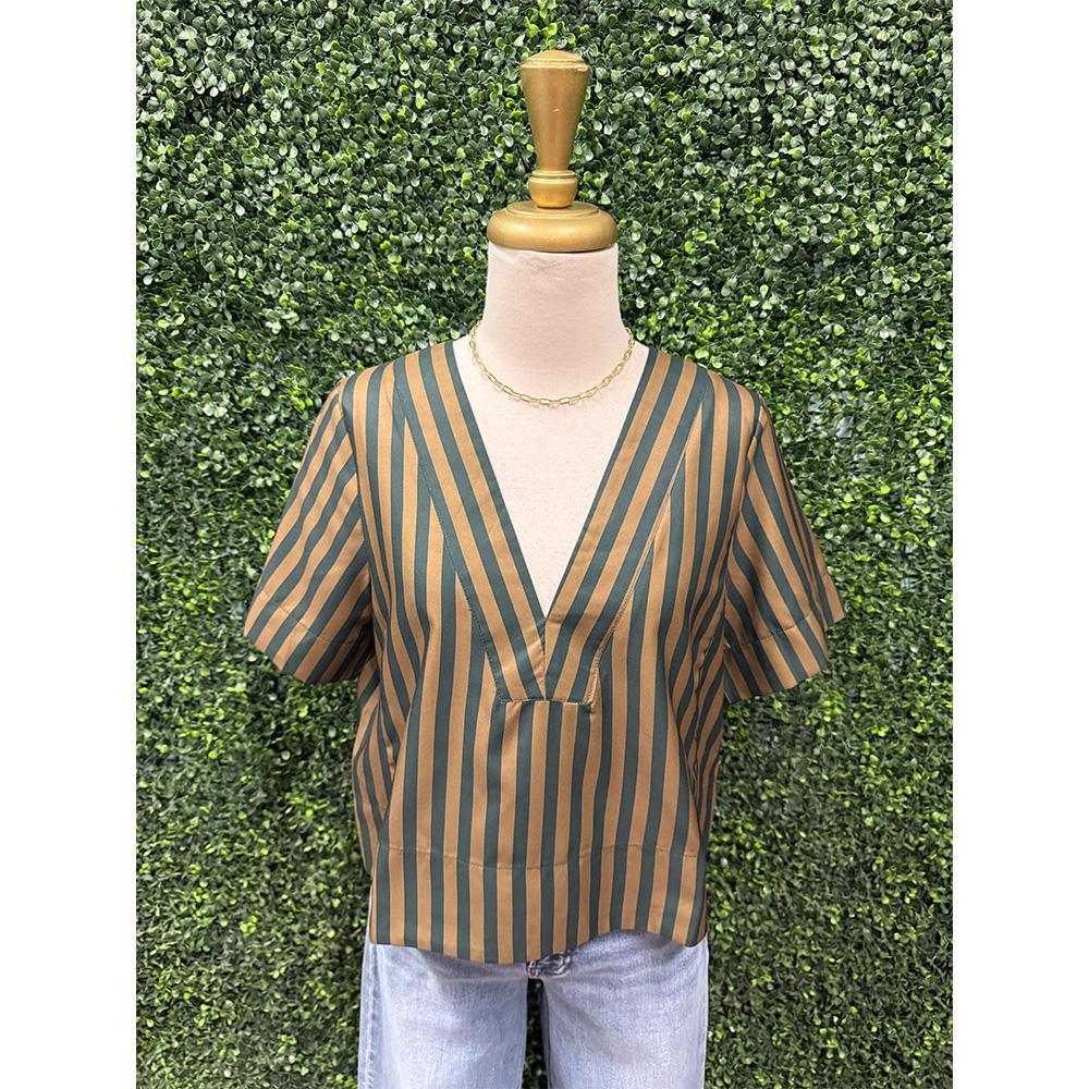 Cora Olive & Forest Green Stripped V-Neck Top
