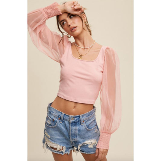 Blush Square Neck Mesh Puff Sleeve Knit Top