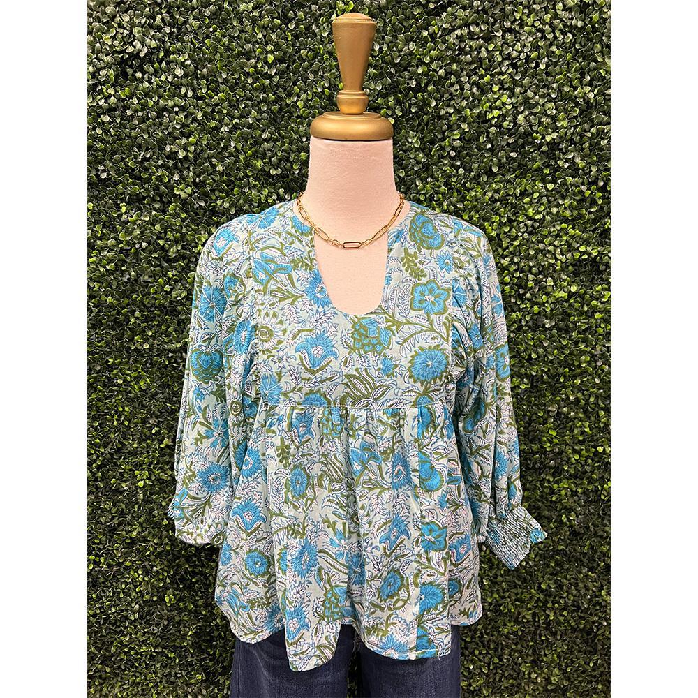 Anjou Turquoise Sage Floral Cotton Gauze Top