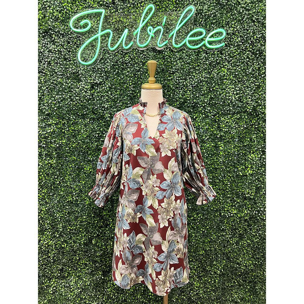 Cynthia Wine Botanical Print Mini Dress