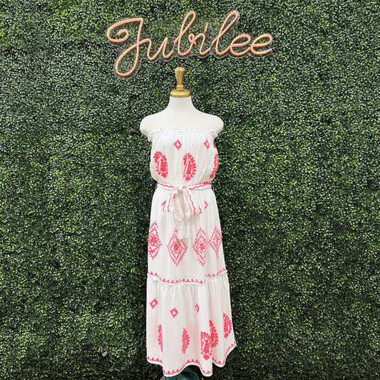 White Neon Pink Embroidered Strapless Dress