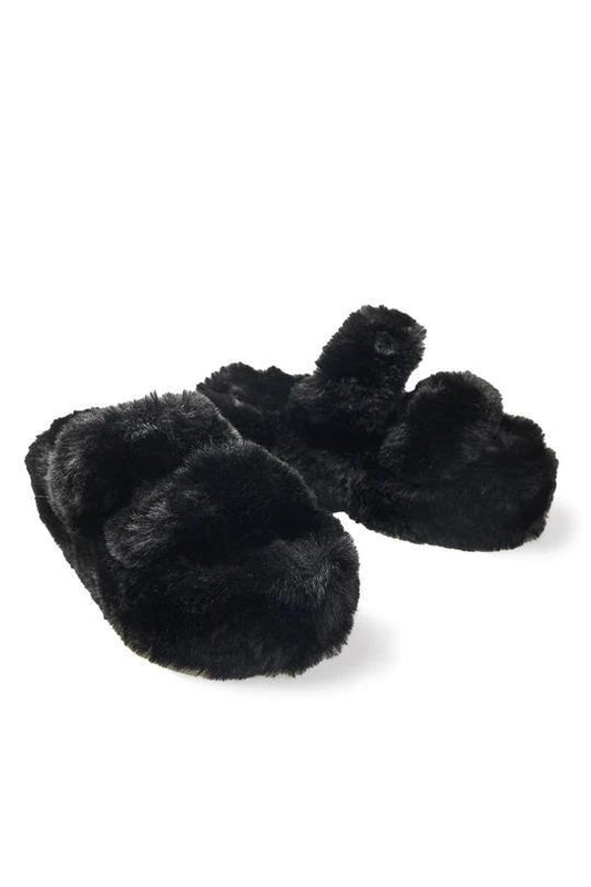 Black Platform Fuzzy Faux Fur Slides