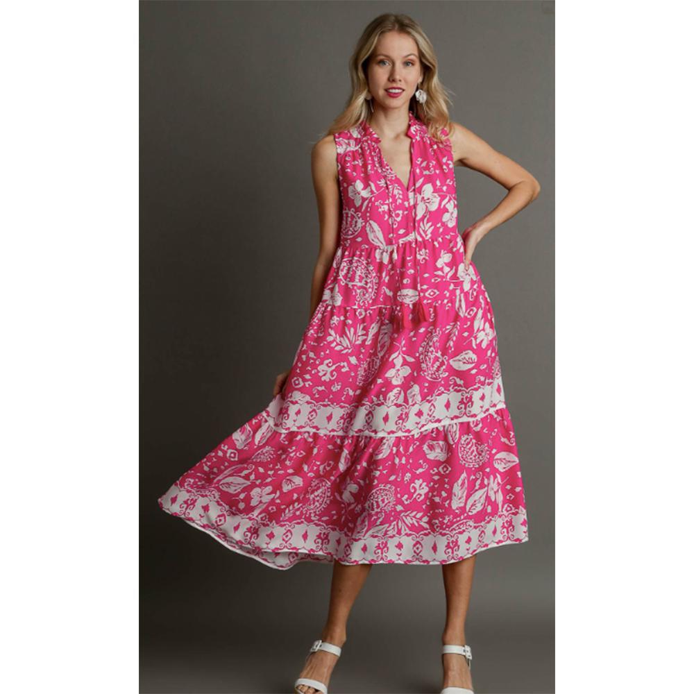 Two Tone Pink Floral Paisley Sleeveless Midi Dress
