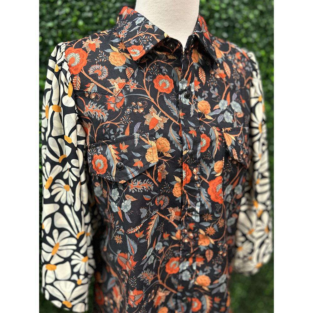 Leena Black Floral Mixed Pearl Snap Top