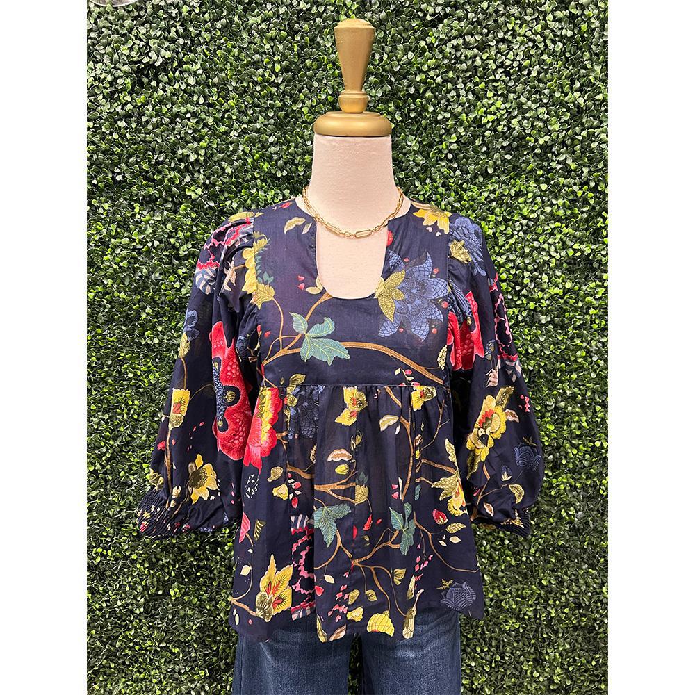 Anjou Navy Floral Cotton Gauze Top