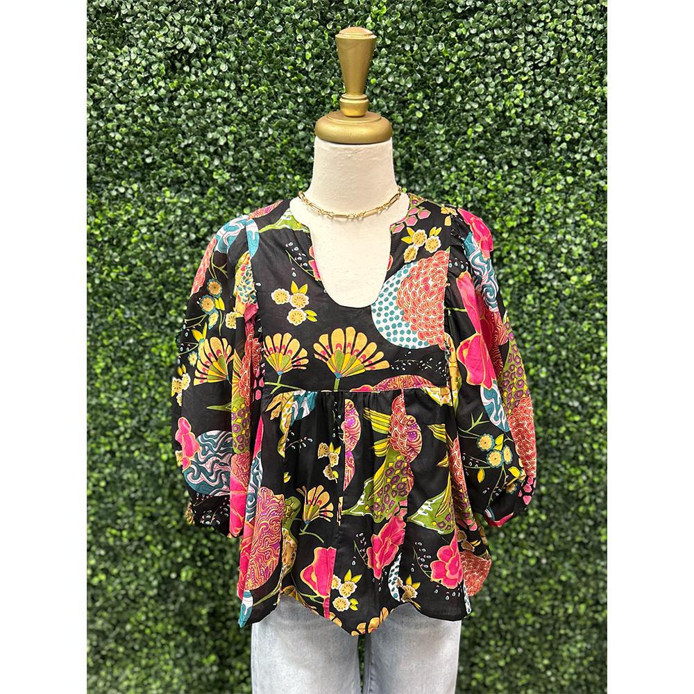 Anjou Black Floral Cotton Gauze Top