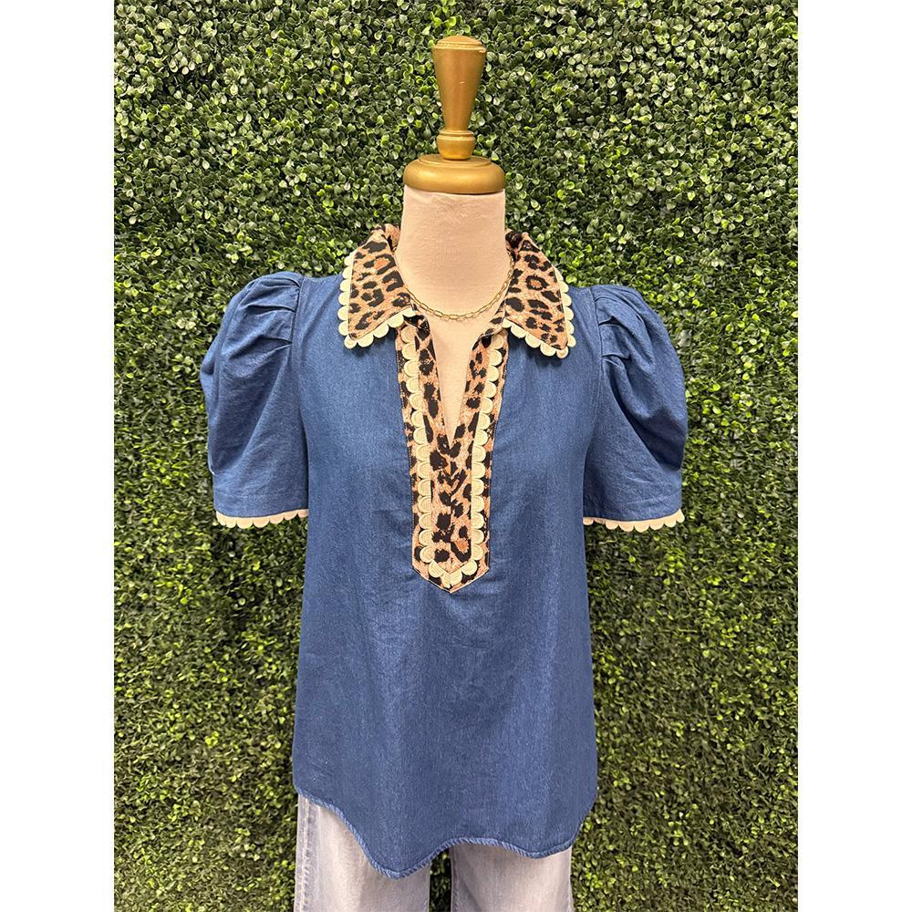 Sherry Leopard Contrast Denim Top