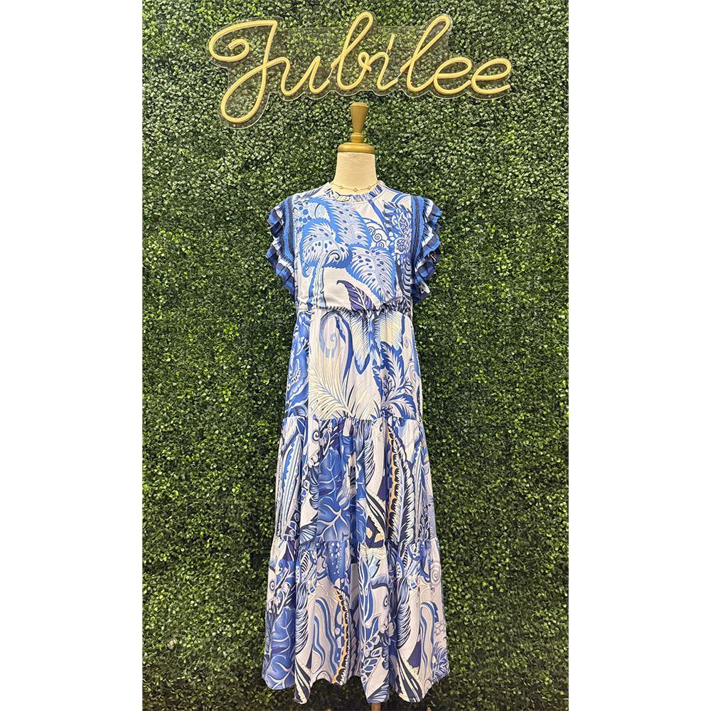 Nivaya Blue Tropical Tiered Midi Dress