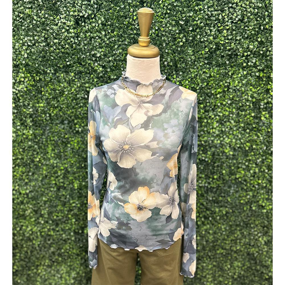 Cloud Grey Floral Mesh Top