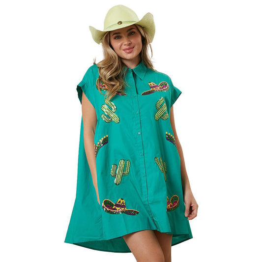 Green Cinco De Mayo Embroidery Shirt Dress