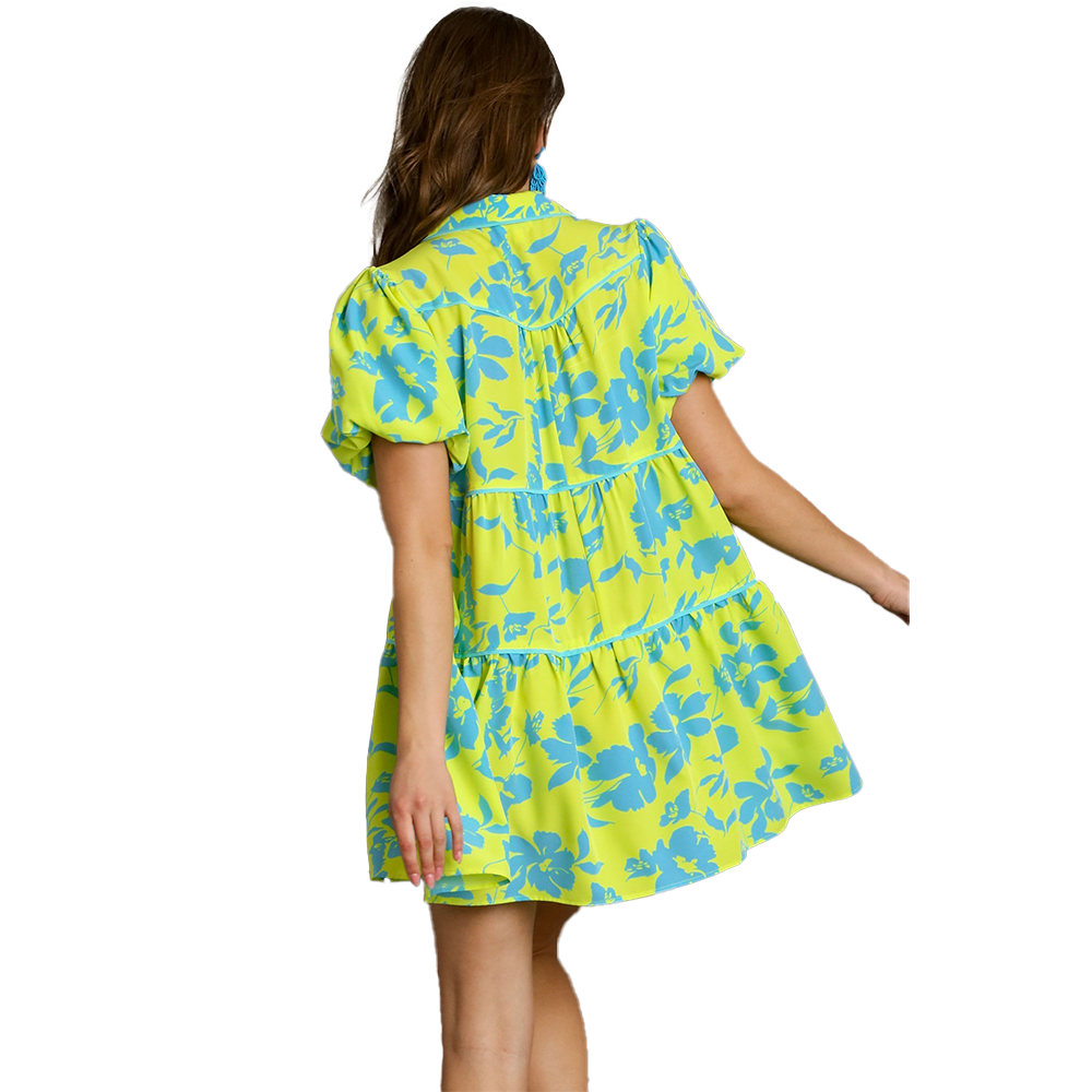 Neon Lime & Blue Floral Puff Sleeve Mini Dress