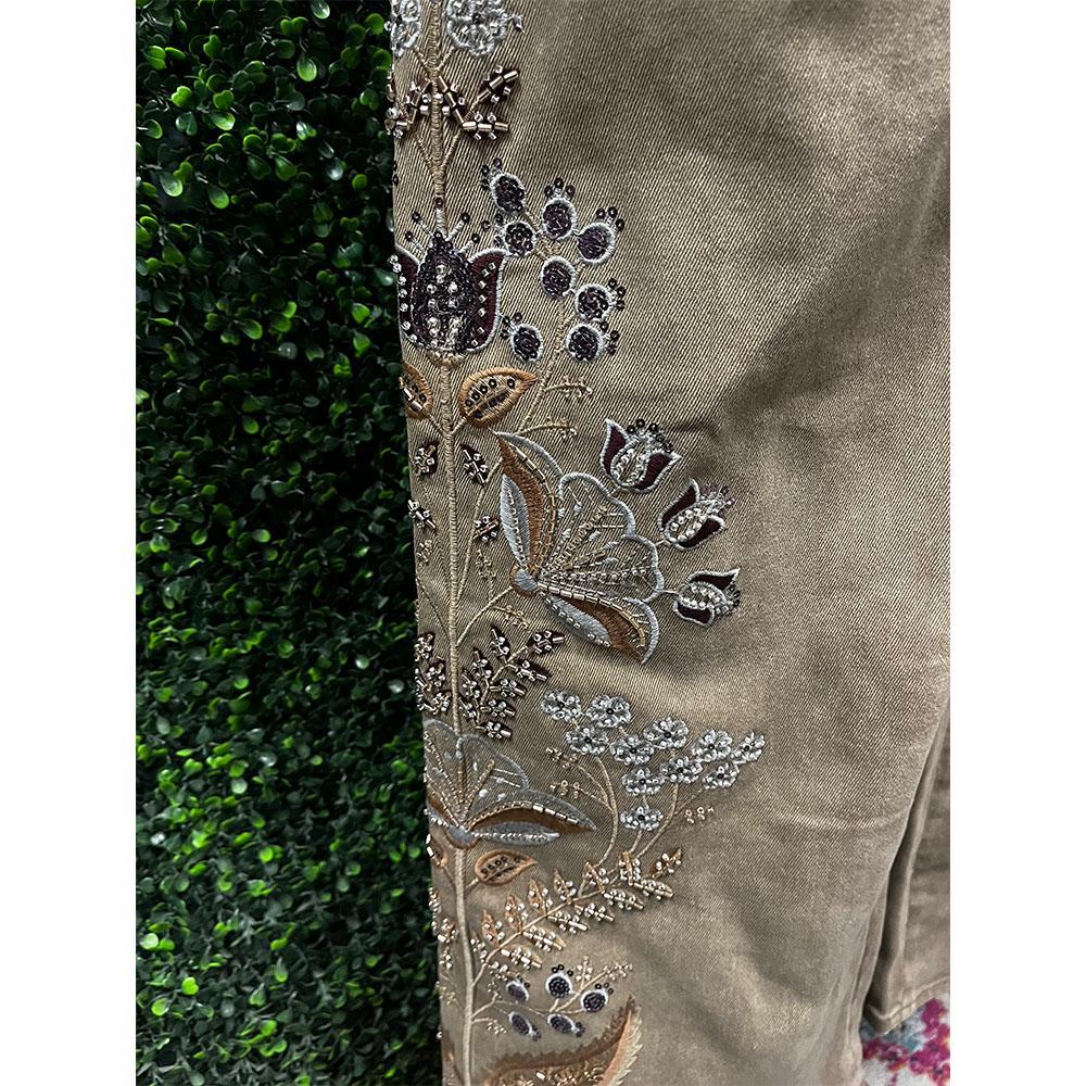 Olindra Camel Embroidered Denim Rhinestone Pants