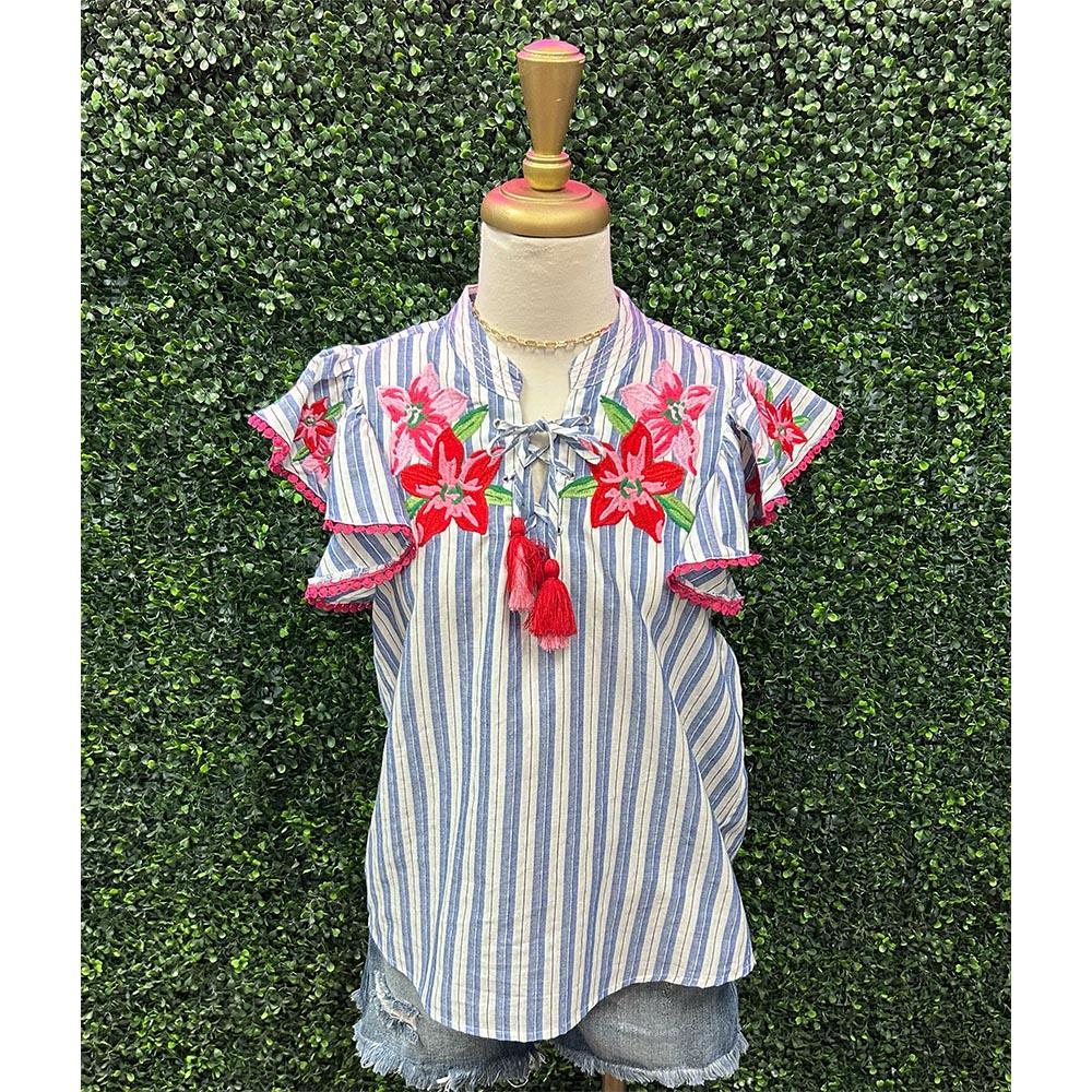 Grisa Striped Tassel Trim Top