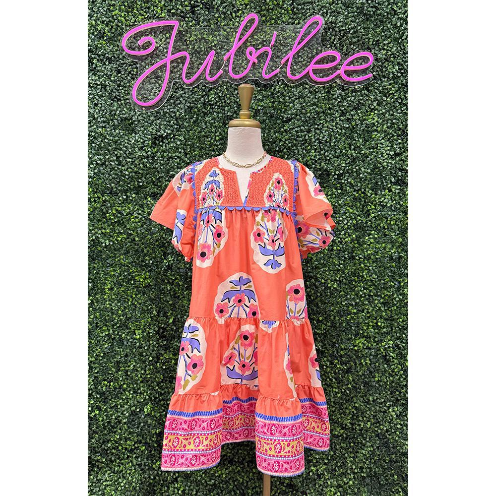 Coral Floral Boho Tiered Mini Dress