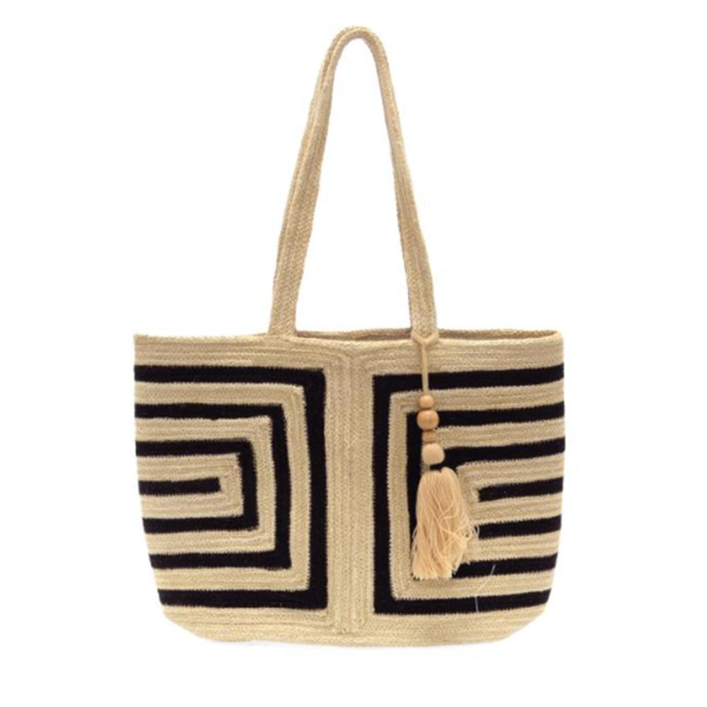 Black Geo Striped Savannah Jute Tote