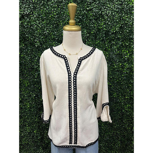 Jenay Oatmeal Embroidered Linen Top