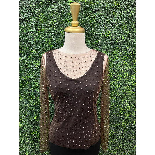 Brown Pearl Rhinestone Mesh Top