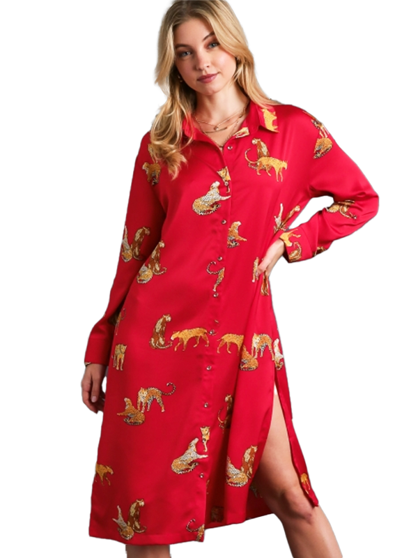 Red Sangria Cheetah Button-Up Midi Dress