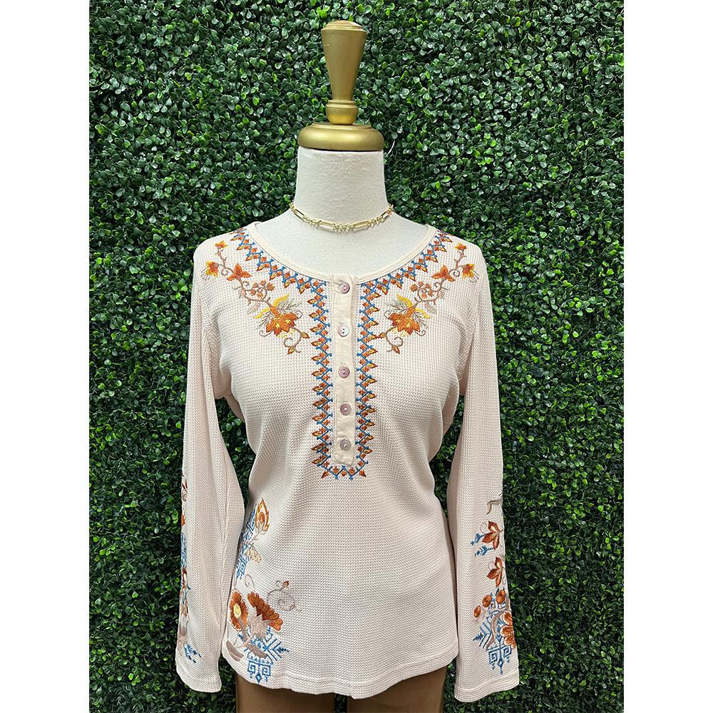 Creme Thermal Embroidered Long Sleeve Henley Shirt