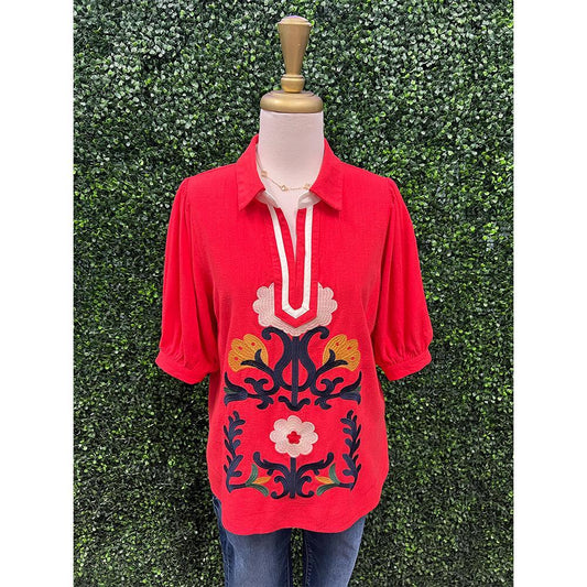 Tomato Flower Embroidered Top