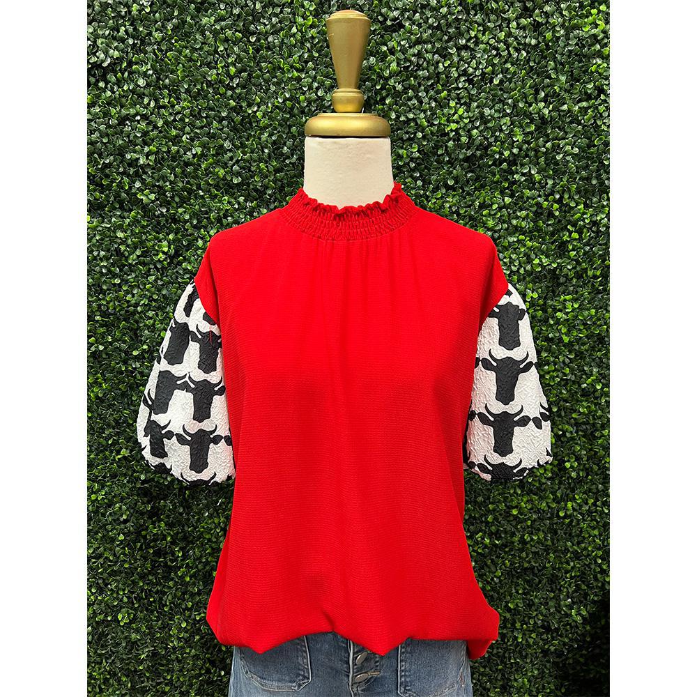 Red Cow Bubble Sleeve Top Copy