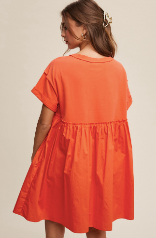 Orange Coral Romantic Flowy T-shirt Contrast Dress
