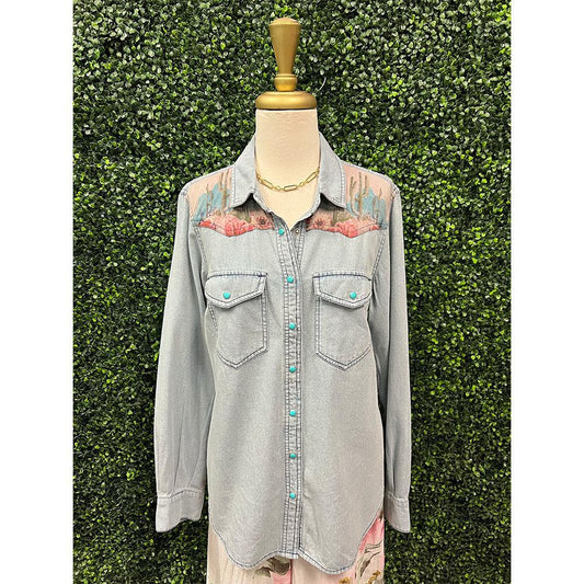 Denim Cactus Scene Snap Front Shirt