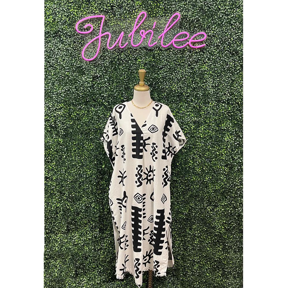 Creme Two Tone Aztec Print Midi Dress