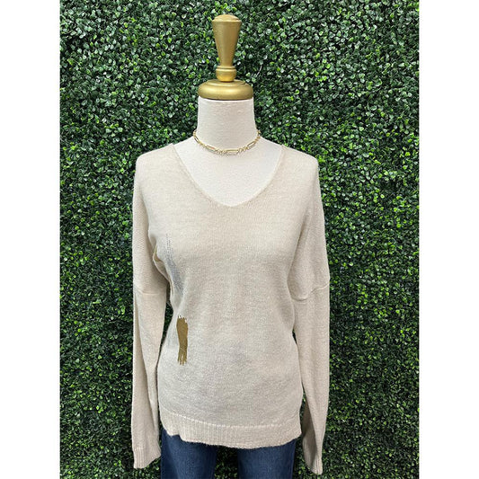 Beige Painted V-Neck Pullover Sweater