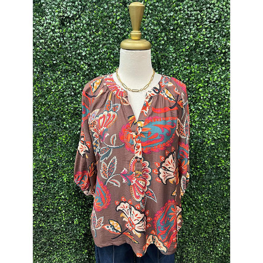 Emerly Mocha Print Top