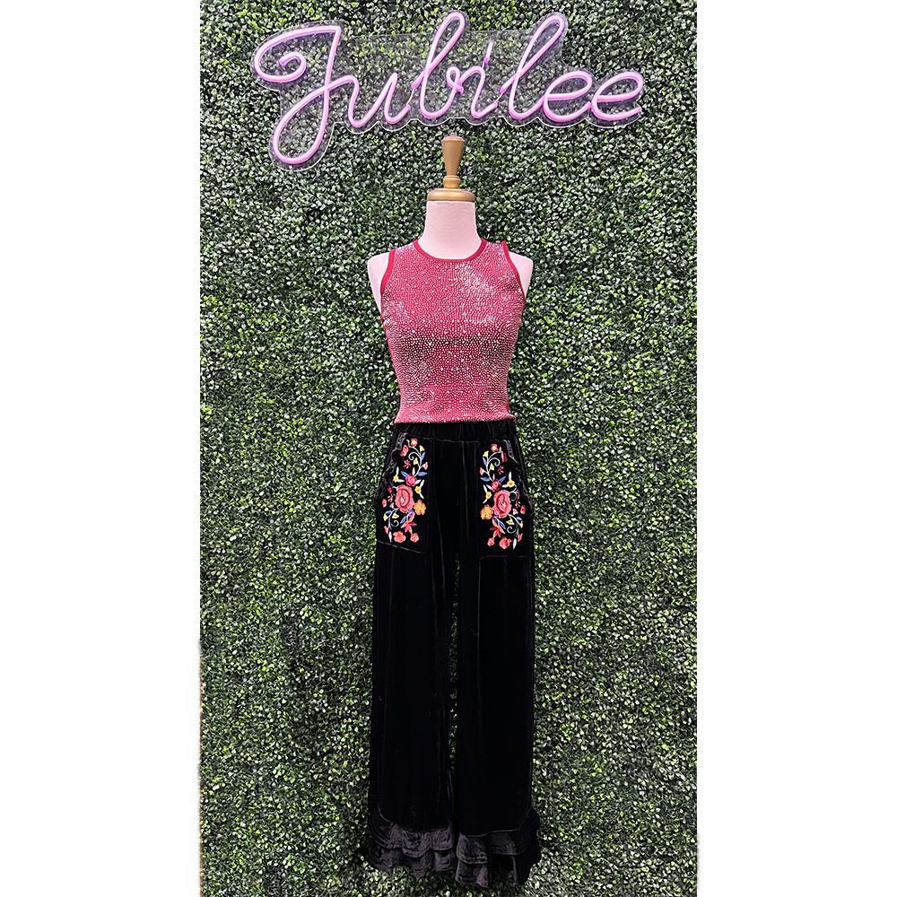 Black Wide Fit Ruffle Velvet Pants With Floral Embroidery