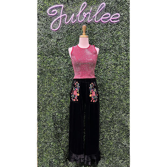 Black Wide Fit Ruffle Velvet Pants With Floral Embroidery